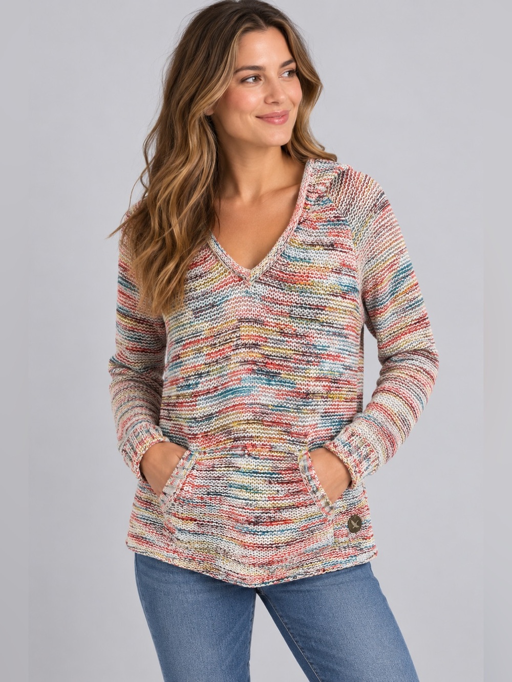 Eddie Bauer Multicolor Space Dye Knit Hoodie Sweater Size M V Neck Pockets